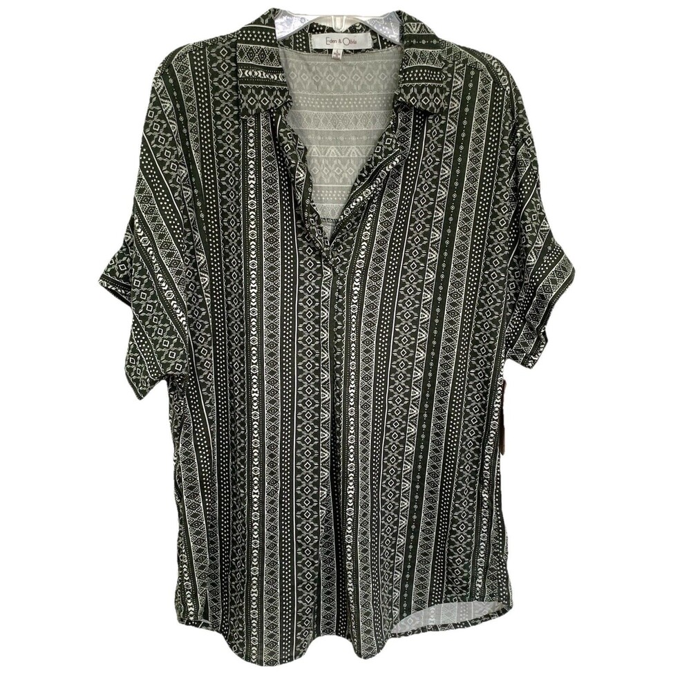 NWT Eden & Olivia Olive Green Ivory Print Pullover Knit Top Blouse Size L